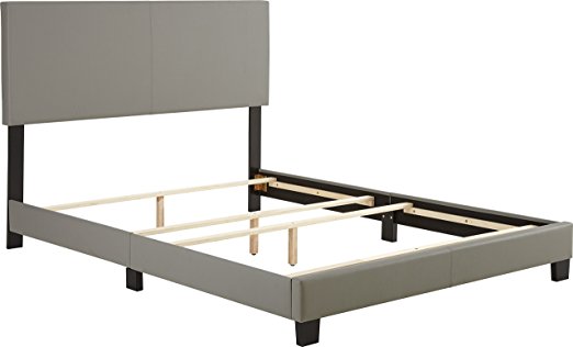 Flex Form Montana Upholstered Platform Bed Frame with Headboard: Faux Leather, Grey, Queen