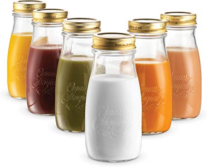 Bormioli Rocco Quattro Stagioni Glass Drinking jar bottle 13½ Ounce Milk Bottles with Gold Metal Airtight Lids, For Juicing, Smoothies, Homemade Beverages Bottle, Reusable Glass Water Bottle (6 Pack)
