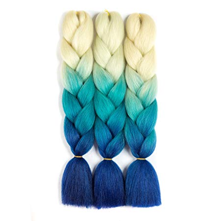 SONNET Synthetic Ombre Jumbo Braiding Hair 3bundles/lot 300g Kanekalon Fiber Hair Extension for Box Twist Braiding with 10pcs Free Decoration Dreadlock Deads(L-Yellow/L-Blue/Blue)