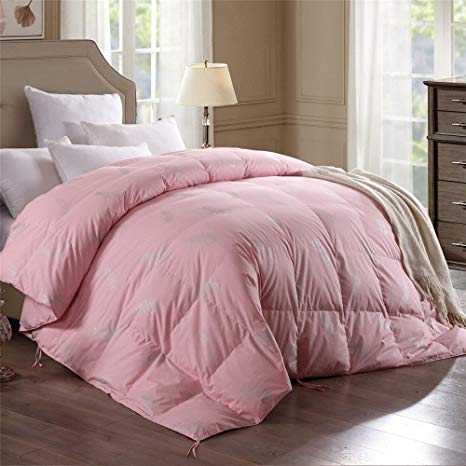 Topsleepy Luxurious Goose Down Comforter,400TC 100% Cotton Shell Down Proof 560 Fill Power, Pink Color,Hypo-allergenic (Queen(88x88inch))