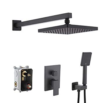 KES Shower System Bathroom Rainfall Shower Head All Metal Rain Mixer Shower Combo Set Wall Mount Matte Black (Including Shower Faucet Rough-In Valve Body and Trim), XB6223-BK