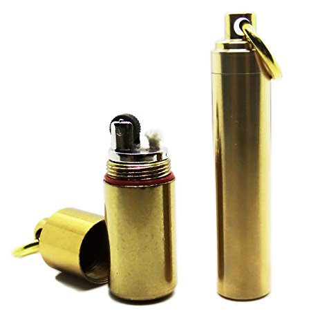 PPFISH Mini Brass Key Chain Lighter Set-Waterproof Fire Starter and Backup Brass Fuel Canister Especially for Survival and Emergency Use