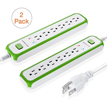 [2 Pack] Poweradd 6-Outlet Commercial Power Strip Surge Protector 900 Joules with 5-Foot Power Cord - Green White