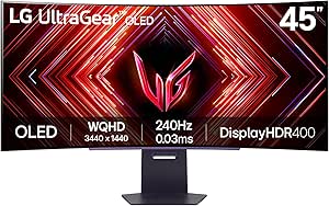 LG UltraGear Curved OLED Gaming Monitor 45GS95QE, 45 inch, 1440p, 240Hz, 0.03ms Response Time, HDR 10, NVIDIA G-Sync & AMD FreeSync compatible, Smart Energy Saving, DisplayPort, HDMI