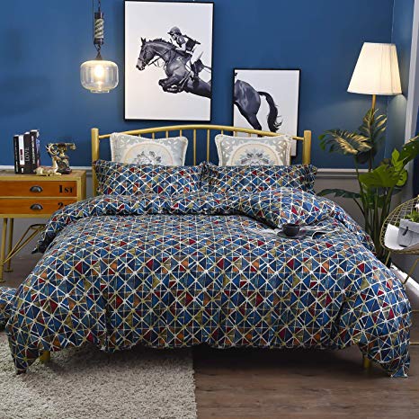 Softta Cal King Bedding Duvet Cover 3 Pcs Bohemian Ethnic Plaid Check Grid Gingham Geometric Triangle Modern 100% Egyptian Cotton 800 TC Navy Blue Dark Teal with Hidden Zipper Closure