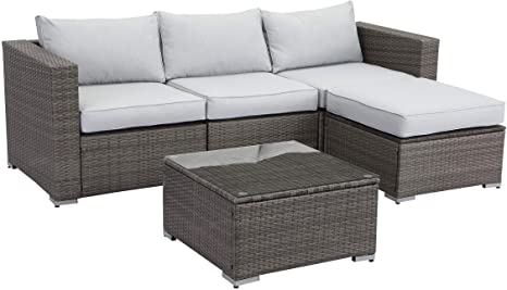 Wisteria Lane 5 Piece Outdoor Patio Furniture Sets, Outdoor Sectional Furniture with Tempered Glass Table Ottoman and Cushion, Wicker Patio Conversation Sets for Garden Backyard, Grey