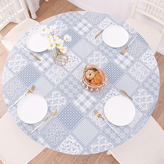 Round Vinyl Fitted Tablecloth with Flannel Backing Elastic Edge Design Table Cover Waterproof Oil-Proof PVC Table Cloth Stain-Resistant Wipeable for Round Table