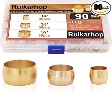 Ruikarhop 90PCS Tube OD（1/4" 3/8" 1/2") Brass Compression Sleeves Ferrules,Brass Compression Fitting Assortment Kit