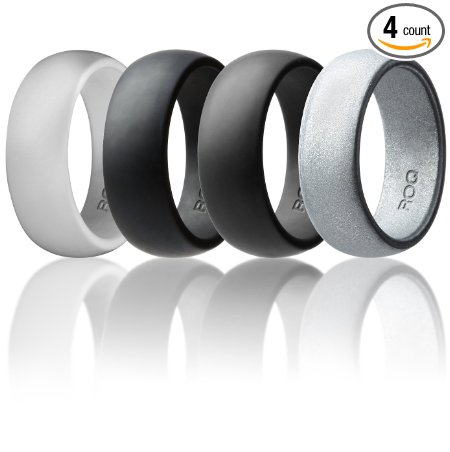 Silicone Wedding Ring For Men By ROQ Affordable High Quality Silicone Rubber Band, 4 Pack - Camo, Metal Look Silver, Black, Grey, Light Grey