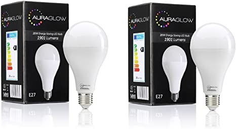 AURAGLOW Super Bright 20w LED E27 Screw Light Bulb, Warm White, 3000K -1901 Lumens - 120w EQV - Twin Pack