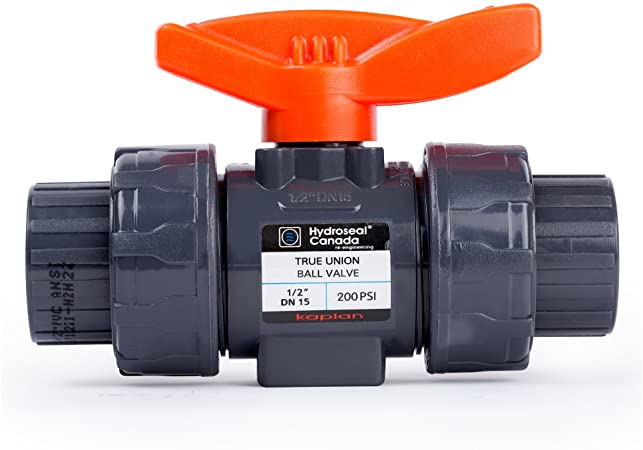 HYDROSEAL Kaplan 1/2" PVC True Union Ball Valve with Full Port, ASTM F1970, EPDM O-Rings and Reversible PTFE Seats, Rated at 200 PSI @73F, Gray, 1/2 inch Socket (1/2")
