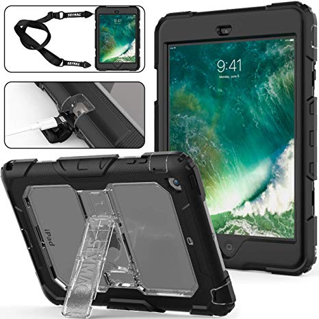 SEYMAC Stock iPad Mini 1/2/3 Case, Shockproof Protective Case, with [Portable Shoulder Strap]&[Built-in Kickstand] for Apple iPad Mini 1, iPad Mini Retina, iPad Mini 3 - Clear/Black