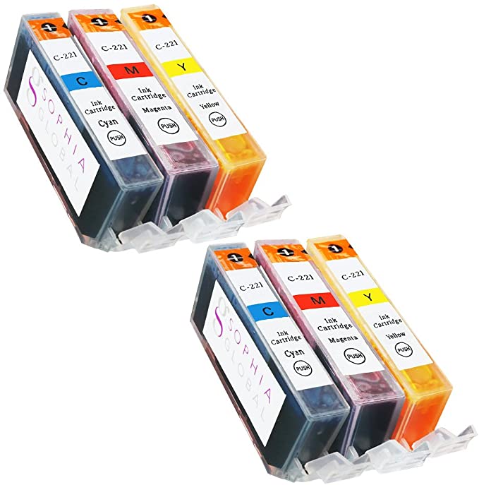 Sophia Global Compatible Ink Cartridge Replacement Set for Canon CLI-221 (Pack of 6: 2 CLI-221 Cyan, 2 Magenta, 2 Yellow)