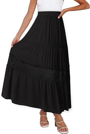 MEROKEETY Women's Boho Elastic High Waist Pleated A-line Ruffle Lace Trim Tiered Midi Maxi Skirt with Pockets