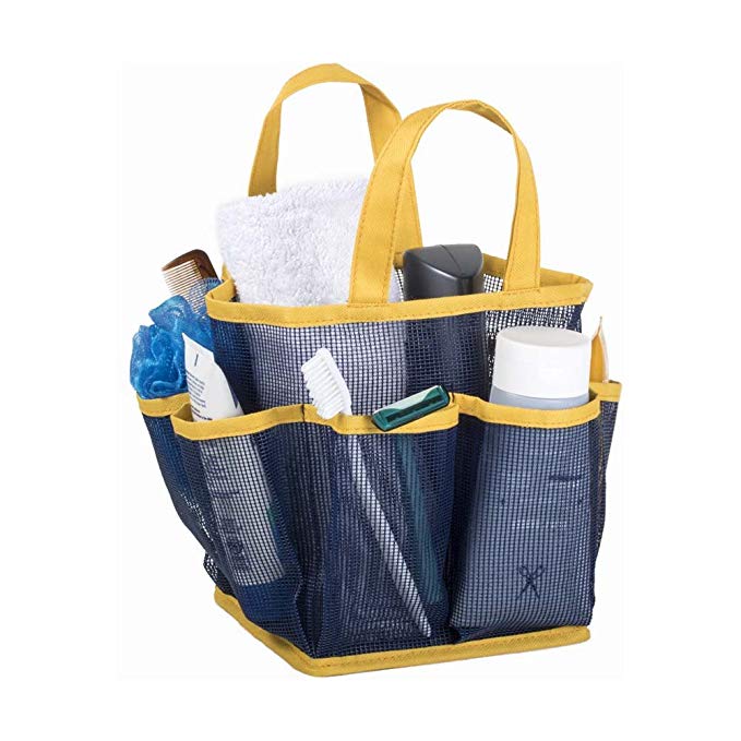 Mesh Portable Shower Tote and Caddy - Multiple Colors Available. Perfect For Dorm, Gym, Bath with Handles. Fast Drying, Navy Blue with Yellow Trim
