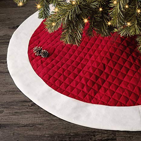 Ivenf Christmas Tree Skirt, 48 inches Large Red White Quilted Thick Luxury Skirt, Rustic Xmas Tree Holiday Decorations