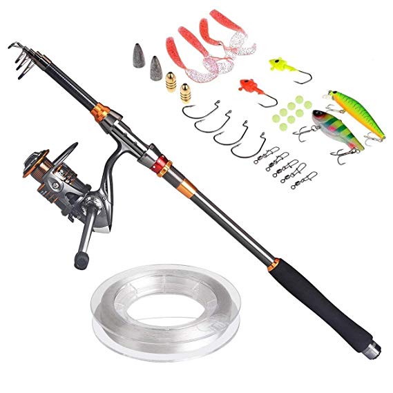 PLUSINNO Telescopic Fishing Rod and Reel Combos FULL Kit, Spinning Fishing Gear Organizer Pole Sets with Line Lures Hooks Reel and Fishing Carrier Bag Case Accessories