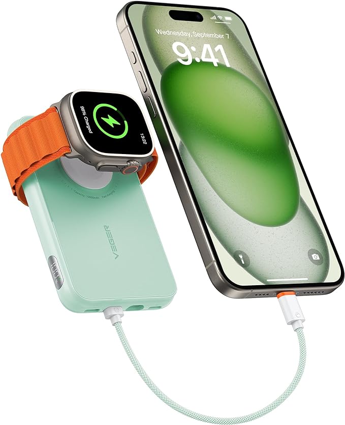 VEGER Portable Charger with Built in Cable(Removable), 10000mAh Mini Power Bank Battery Pack, PD 20W Fast Charger Travel Accessory Compatible with iPhone 15/14/13 Pro Max, Sumsang, Apple Watch-Green