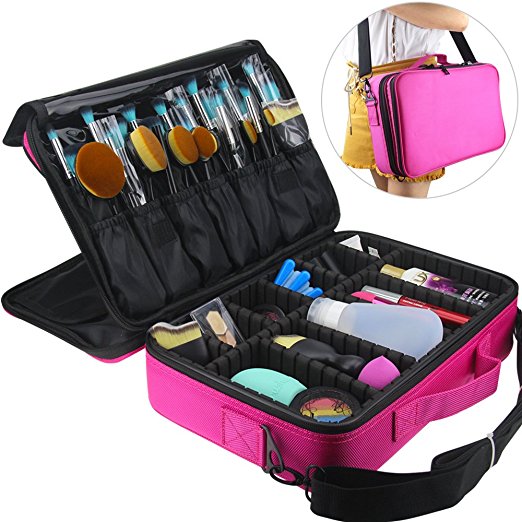 Travelmall Professional Makeup Train Case Cosmetic organizer Make Up Artist Box 3 layer Large size with Adjustable Shoulder for Makeup Brush set Hair style nail beauty tool 16.54" 11.42"5.51" PINK