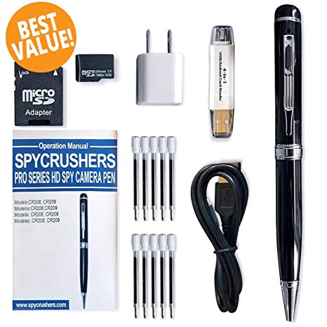 SpyCrushers Spy Pen Camera HD 1080p Pro Series - 16GB Card, Card Adapter, 4-in-1 Card Reader, USB Charger, 10 Ink Refills - Video, Photo, PC Webcam & More - Satisfaction Guarantee