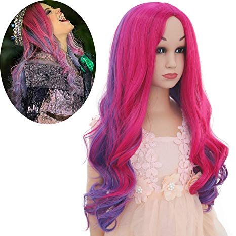 Mersi Audrey Wig for Girls Kids Cosplay Costume Wig Long Wavy Red Mixed Purple Wigs for Halloween Party S059