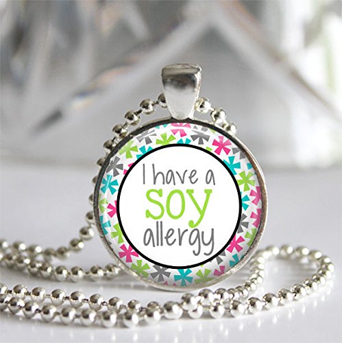 I Have a Soy Allergy Silver Bezel Glass Tile Pendant Necklace, Allergy Alert Medical Jewelry