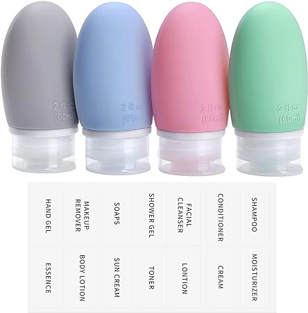 4 Pcs 60ml Silicone Travel Bottle Set, Opret Leak Proof Refillable Squeezable Containers 2oz for Liquid Shampoos, Conditioner and Toiletries, BPA Free and TSA Approved