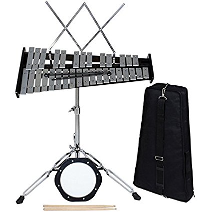 TMS 32 Notes Percussion Glockenspiel Bell Kit with Practice Pad Mallets Sticks Stand