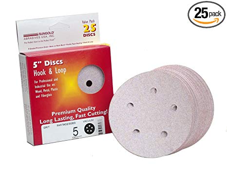 Sungold Abrasives 023212 5" By 5 Hole 1000 Grit Premium Plus C Weight Paper Hook And Loop Sanding Discs, 25-Pack