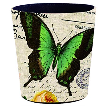 XSHION Trash Can,10 L Wastebasket Decorative Waste Paper Basket Waterproof PU Leather Garbage Can Office Waste Bin Living Room Recycle Bin Bedroom Dustbin Kitchen Waste Container- Green Butterfly