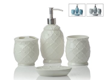 Designer 4-Piece Ceramic Bath Accessory Set by Comfify  Includes Liquid Soap or Lotion Dispenser w Premium Metal Pump Toothbrush Holder Tumbler Soap Dish  Moroccan Trellis  Alpine White