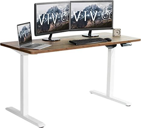 VIVO Electric Height Adjustable 60 x 24 inch Stand Up Desk, Vintage Brown Solid One-Piece Table Top, White Frame, Standing Workstation with Memory Preset Controller, DESK-KIT-1W6N