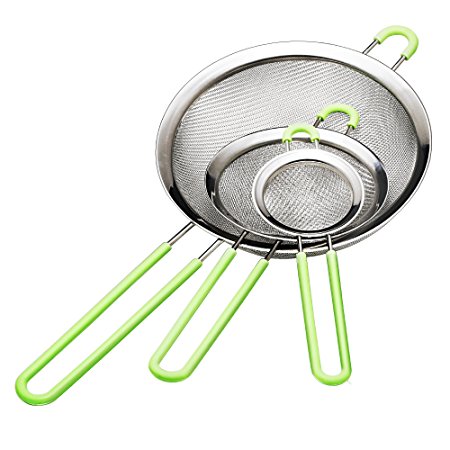 Ipow Stainless Steel Fine Tea Mesh Strainer Colander Sieve with Silicone Handle for Kitchen Food Rice Vegetable,Set of 3