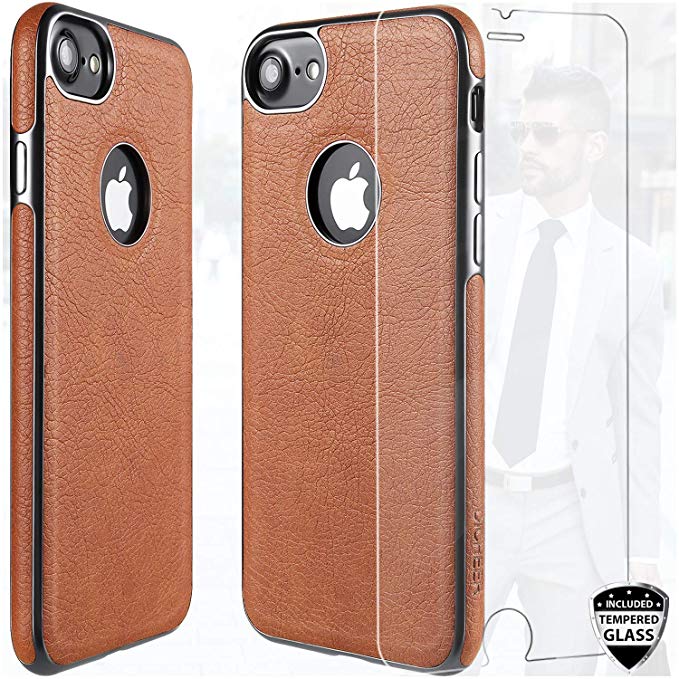 DICHEER iPhone 7 Case,iPhone 8 Case with Glass Screen Protector,Luxury Matte Brown Leather Case for Men,Dual Layer Soft Silicon TPU Bumper Best Protective Cover Classy Phone Case for iPhone 7/8