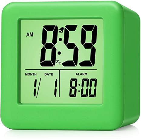 Plumeet Easy Setting Digital Travel Alarm Clock with Snooze,Soft Nightlight,Large Display Time & Month & Date & Alarm, Ascending Sound Alarm & Handheld Sized, Best Kids (Green)