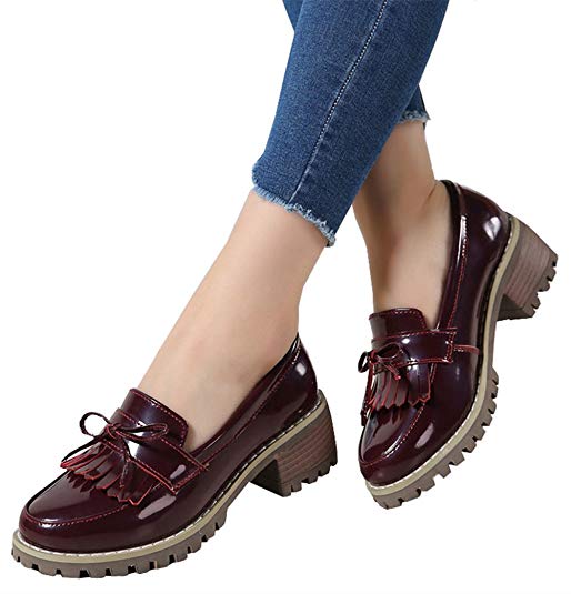 DADAWEN Women's Classic Tassel Slip-On Platform Mid-Heel Square Toe Oxfords Dress Shoes