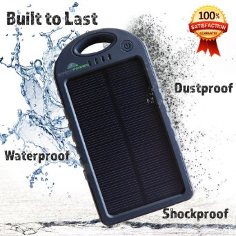 Solar Charger 5000mAh with Bonus Case Solar Power Bank Dual USB Portable Charger Solar Battery Charger for iPhone iPad Cell Phone Tablet Camera Waterproof Dustproof and Shockproof