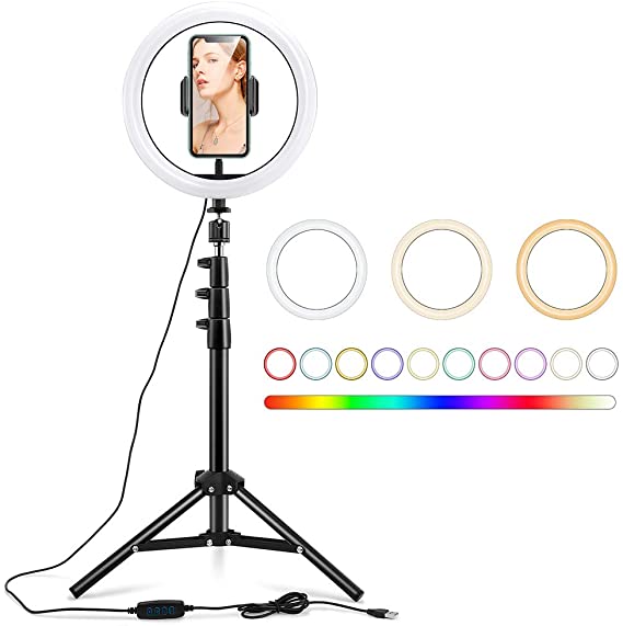 ESR 10” Selfie Ring Light with Tripod Stand & Phone Holder, Dimmable Beauty Ring Light for Vlogs, Selfies, Makeup, Livestreaming, Videos, and Photography [Compatible with iPhone & Android]