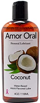 Amor Oral Coconut Flavored Lube, Edible and Body Safe, Water-Based Personal Lubricant 4 Ounce Coconut