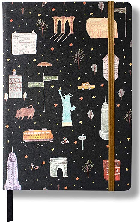 Minimalism Art, City Notebook Journal, Medium A5 5.8 x8.3 inches, Dotted, Hard Cover Linen Fabric, 234 Numbered Pages, Gusseted Pocket, Ribbon Bookmark, Ink-Proof Paper 120gsm (Black/Gold)