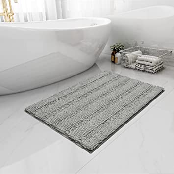 Easy-Going Luxury Chenille Striped Pattern Bath Mat, 24x54 in, Soft Plush Bath Rug, Absorbent Bathroom Rug, Non Slip Perfect Carpet Rugs for Shower, Bedroom, Front Door, Enterway (Light Gray)