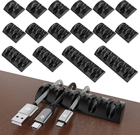 Rankie Cable Clips, Self Adhesive Cord Holders, Cord Organizers, Cable Management for Household and Office Uses, 16-Pack, Black