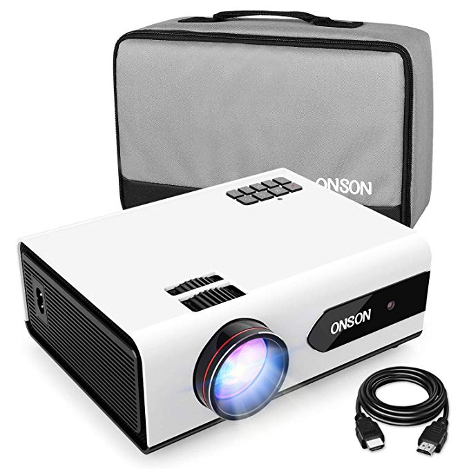 ONSON [2019 Upgrade] Mini Projector, 2800 Lux Portable Movie Projector with 50,000 Hours LED Lamp Life, Full HD 1080P Video Supported, Compatible with TV Stick, PS4, HDMI, VGA, TF/SD Card, AV and USB