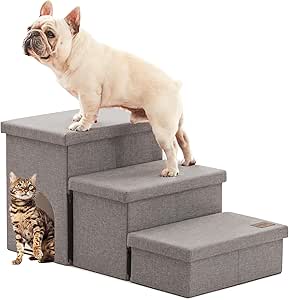 Love's cabin Dog Stairs for Small Medium or Large Dogs with Storage and Condo,Foldable Dog Steps for Bed or Couch,3-Step Gray Folding Cat Dog Ramp with Zip up to 210 lbs,Solid Grey