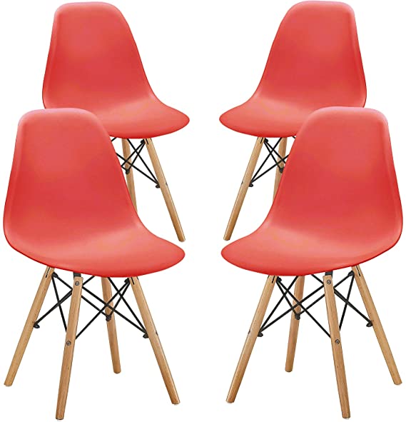 BESTORE Modern, Mid-Century Side Chairs Shell Lounge with Walnut Legs for Kitchen, Dining, Bedroom, Living Room,Set of 4, Red