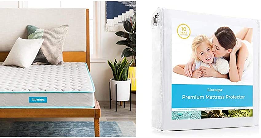 Linenspa 6-Inch Innerspring Mattress - Twin & Premium Smooth Fabric Mattress Protector-100% Waterproof-Hypoallergenic-Vinyl Free Protector, Twin, White