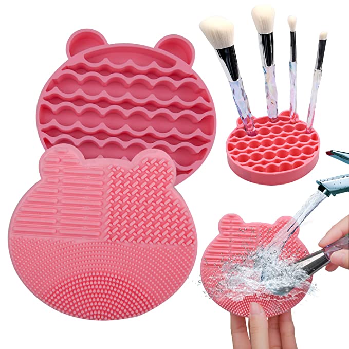 Tenmon Makeup Brush Cleaning Mat and Brush Drying Storage Stand Holder Remove Facial Makeup Naturally and Clean Makeup Brushes Instantly (Pink)