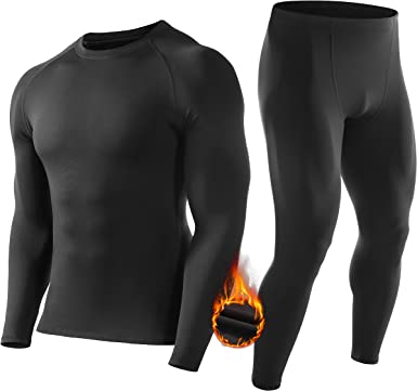 Roadbox Thermal Underwear for Men Fleece Lined Long Johns Base Layer Sports Long Sleeve Compression Tops & Bottom Set