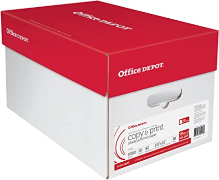 Office Depot® Brand 3-Hole Punched Multi-Use Print & Copy Paper, Letter Size (8 1/2" x 11"), 92 (U.S.) Brightness, 20 Lb, White, 500 Sheets Per Ream, Case Of 10 Reams