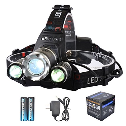 LED Headlamp, Smiling Shark Bright 3 CREE T6 LED Headlight 5000 Lumen 4 Modes Zoomable Water Resistamt Rechargeable Battery